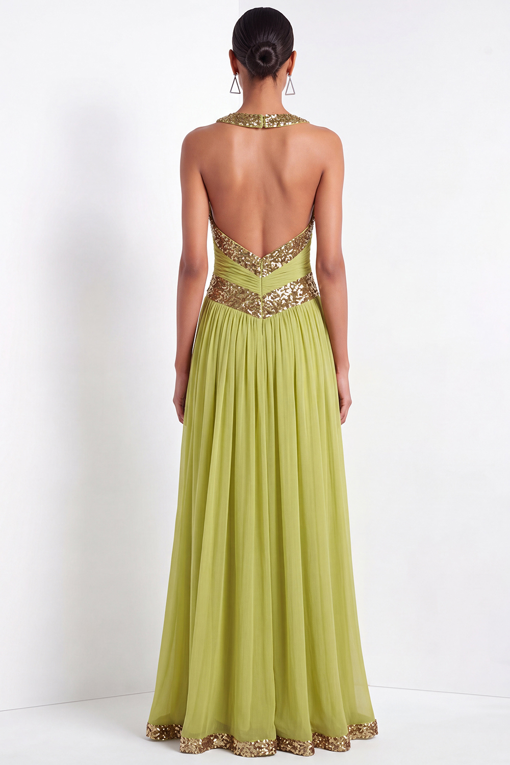 Mustard Green Formal Evening Dress Halter Pleated Chiffon Maxi Dress with Sequin