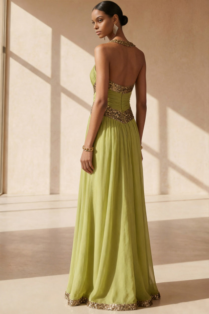 Mustard Green Formal Evening Dress Halter Pleated Chiffon Maxi Dress with Sequin