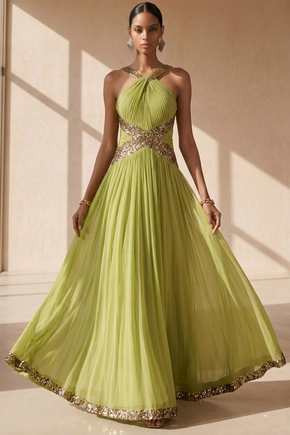 Mustard Green Formal Evening Dress Halter Pleated Chiffon Maxi Dress with Sequin