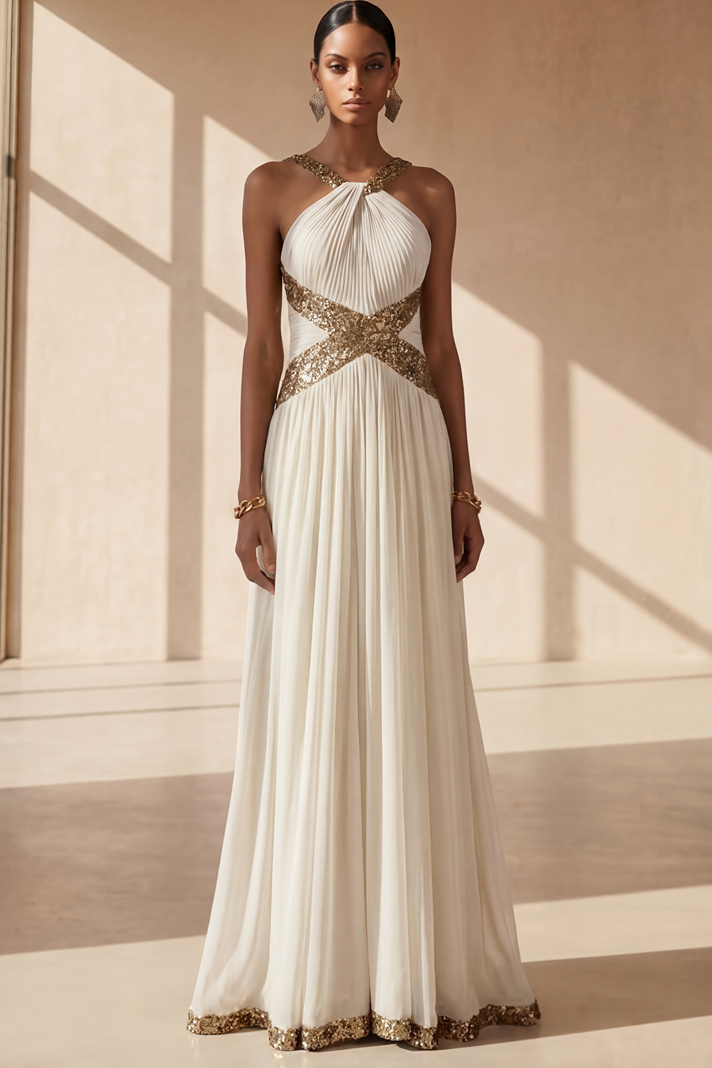 Mustard Green Formal Evening Dress Halter Pleated Chiffon Maxi Dress with Sequin