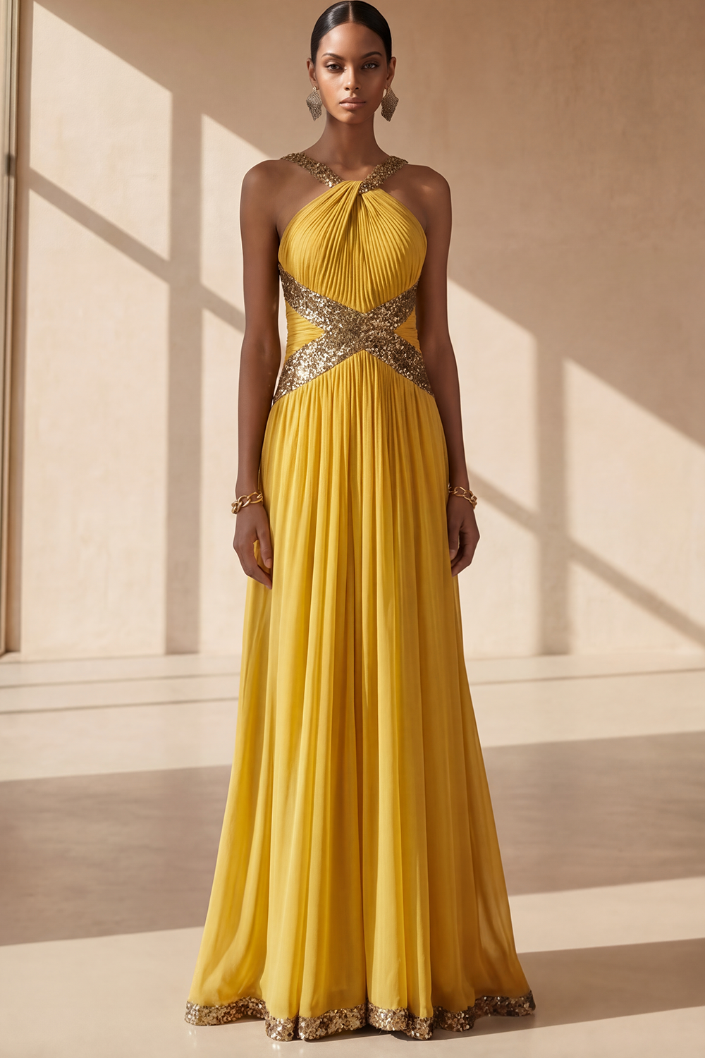 Mustard Green Formal Evening Dress Halter Pleated Chiffon Maxi Dress with Sequin