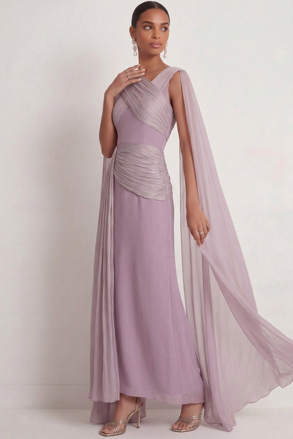 Lilac Formal Evening Dress Sleeveless Chiffon Maxi Dress with Cape