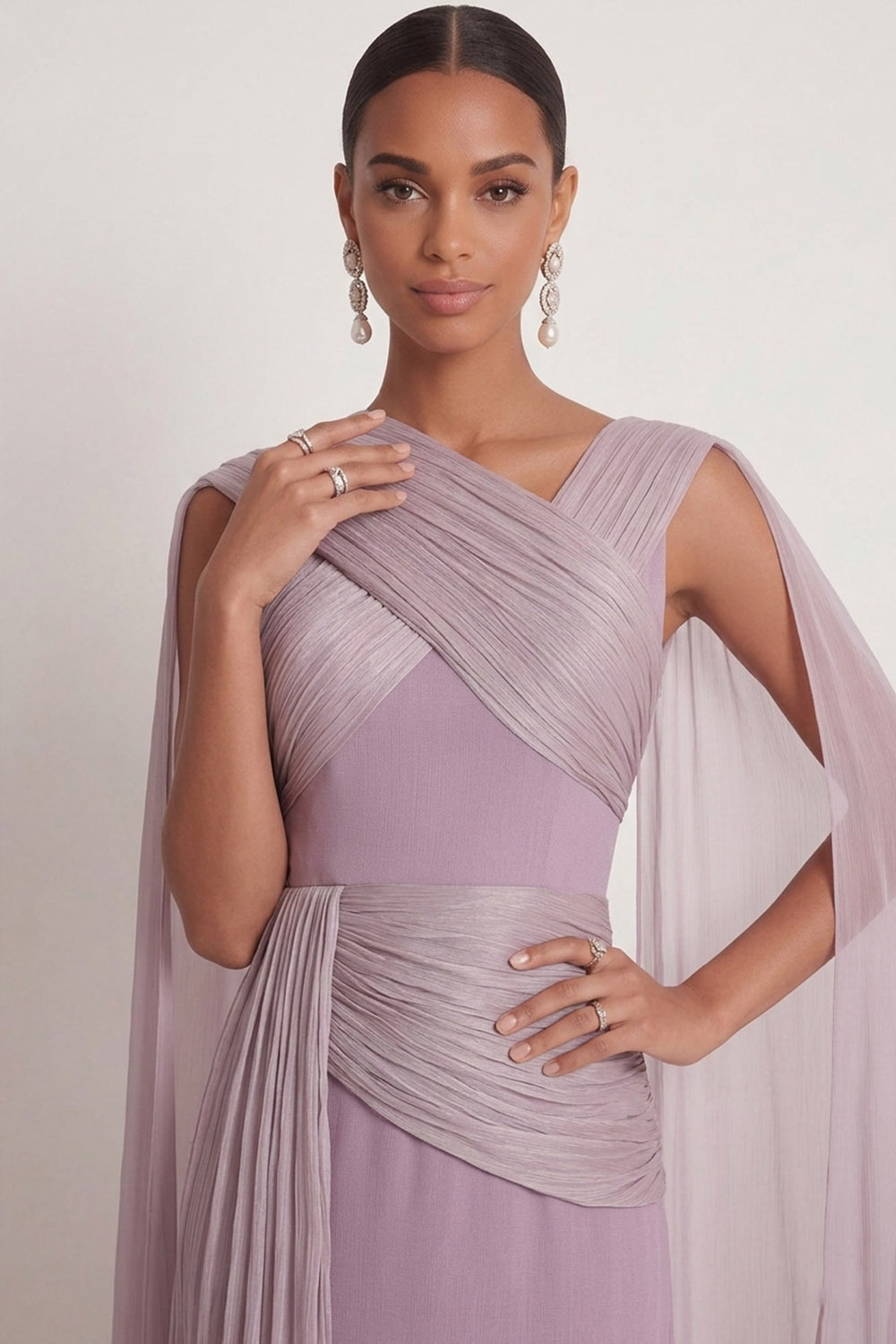 Lilac Formal Evening Dress Sleeveless Chiffon Maxi Dress with Cape