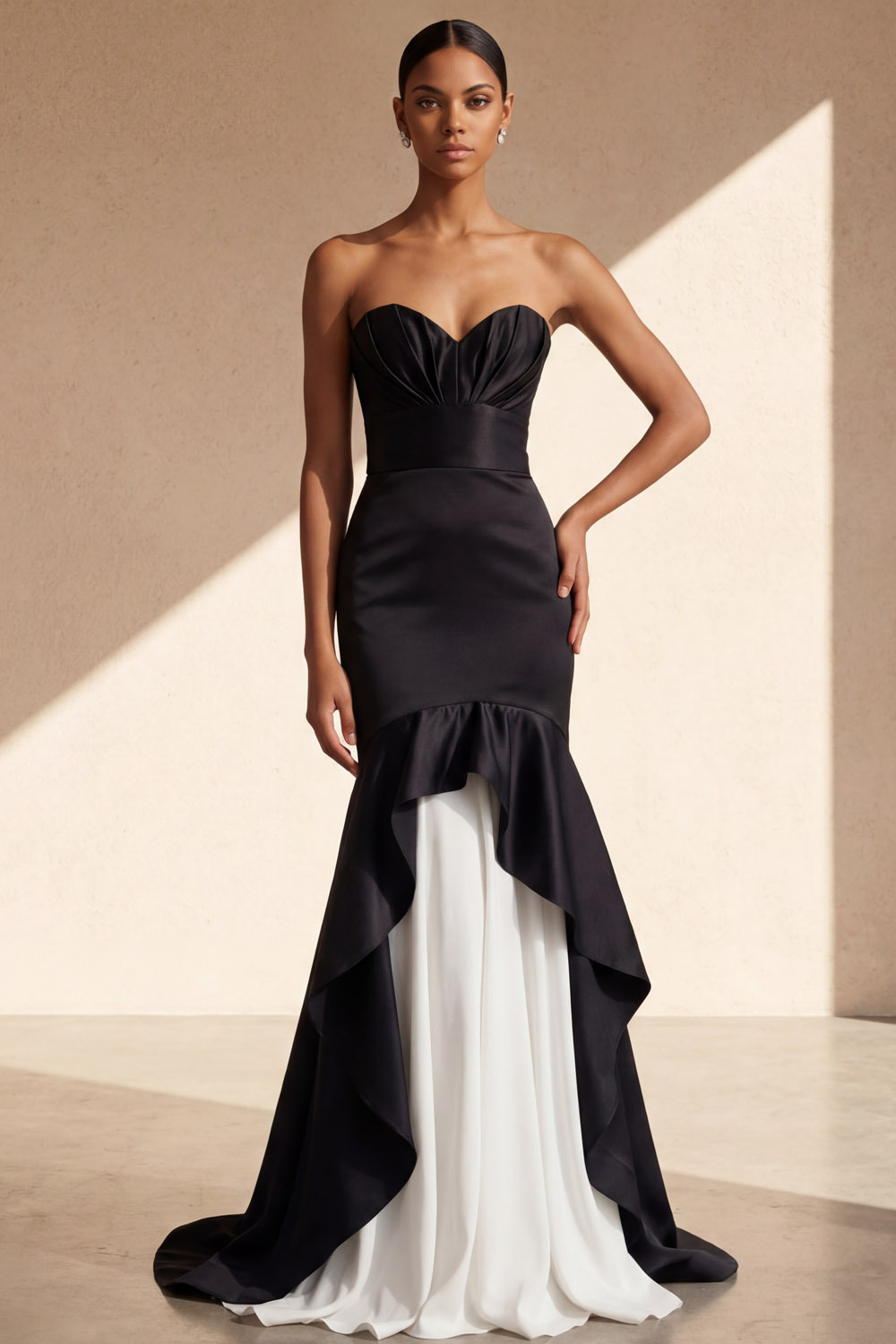 Black Formal Evening Dress Mermaid Sweetheart Satin Maxi Dress with Ruffle