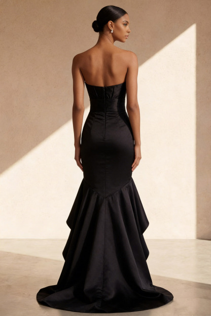 Black Formal Evening Dress Mermaid Sweetheart Satin Maxi Dress with Ruffle