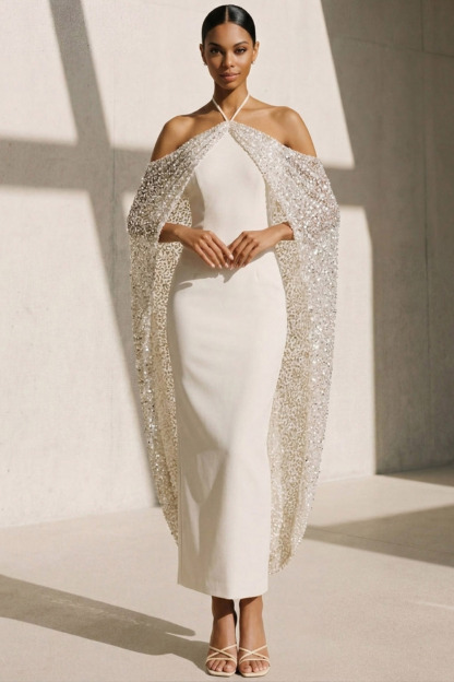 Ivory Formal Evening Dress Halter Satin Maxi Dress with Cape