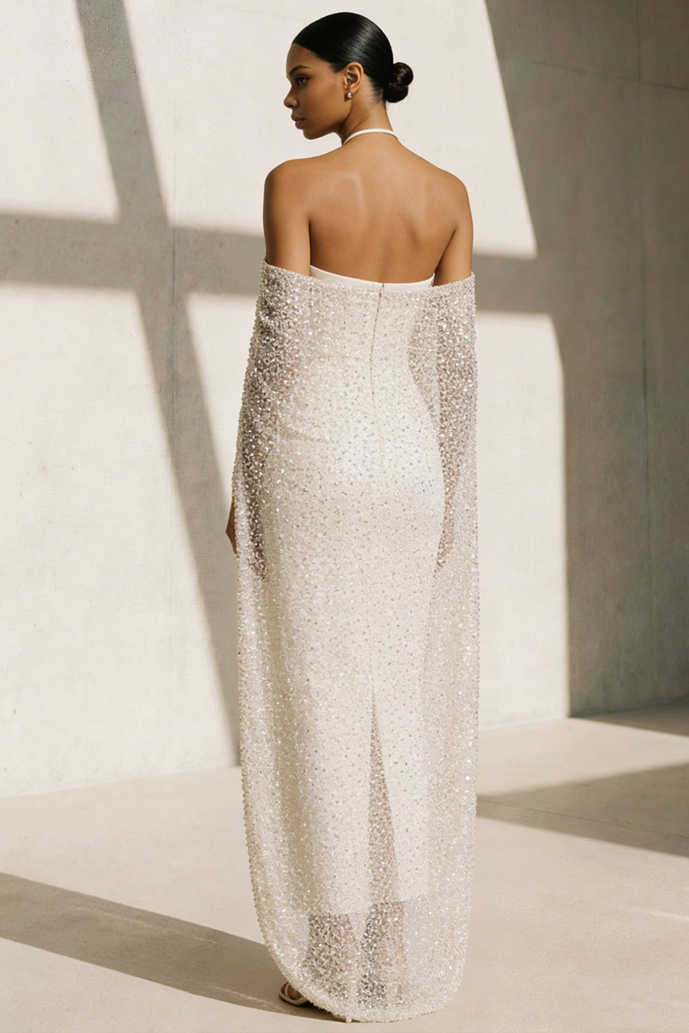 Ivory Formal Evening Dress Halter Satin Maxi Dress with Cape