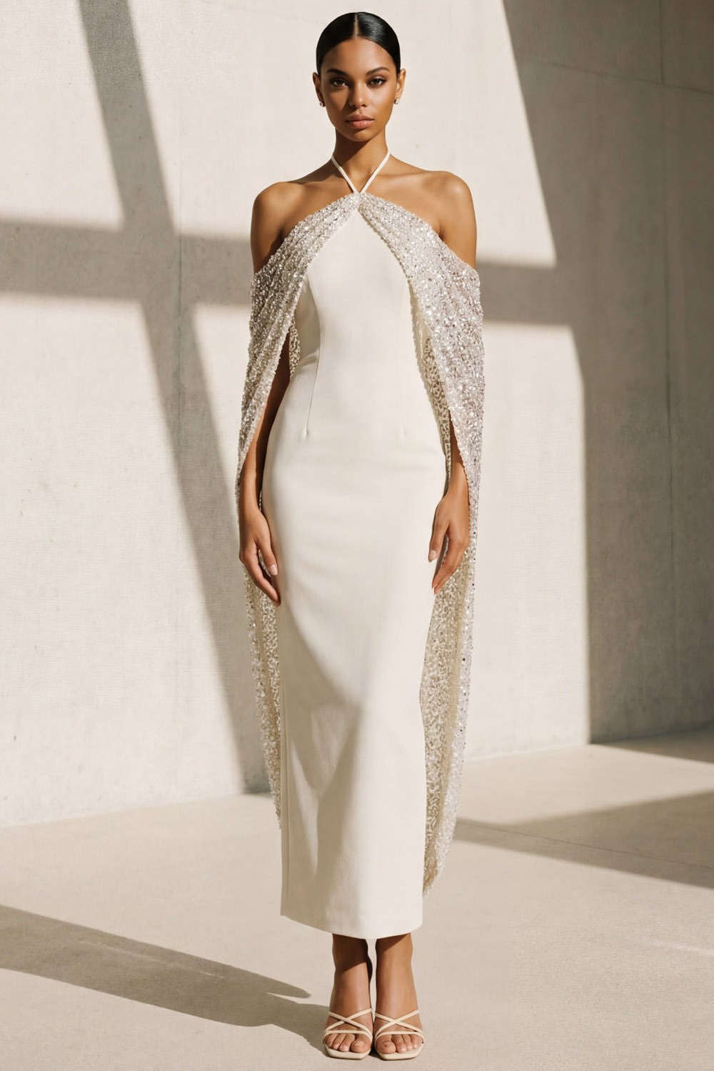 Ivory Formal Evening Dress Halter Satin Maxi Dress with Cape