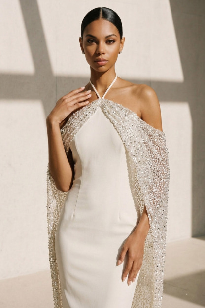 Ivory Formal Evening Dress Halter Satin Maxi Dress with Cape