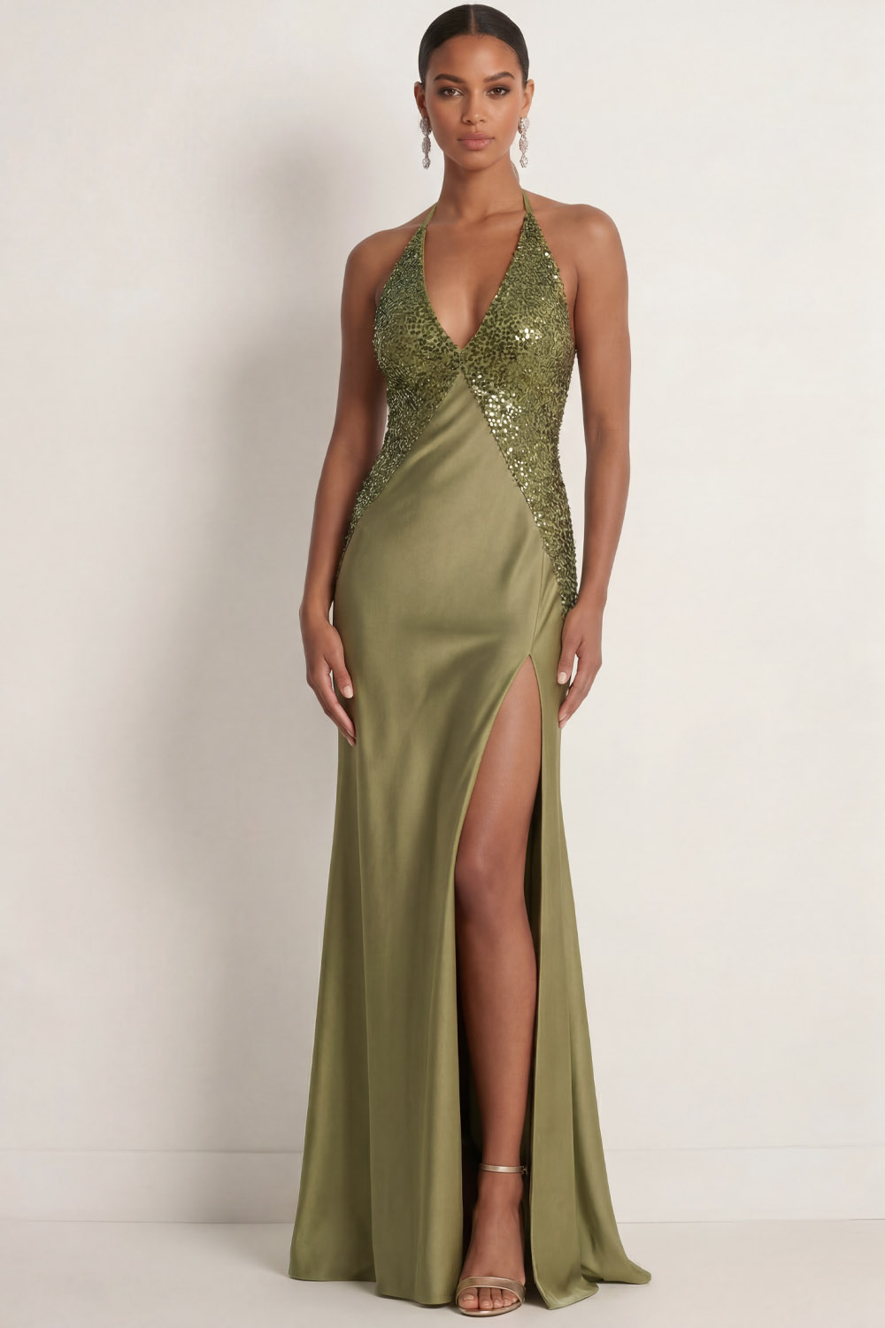 Olive Formal Evening Dress Halter Satin Slit Maxi Dress with Sequin