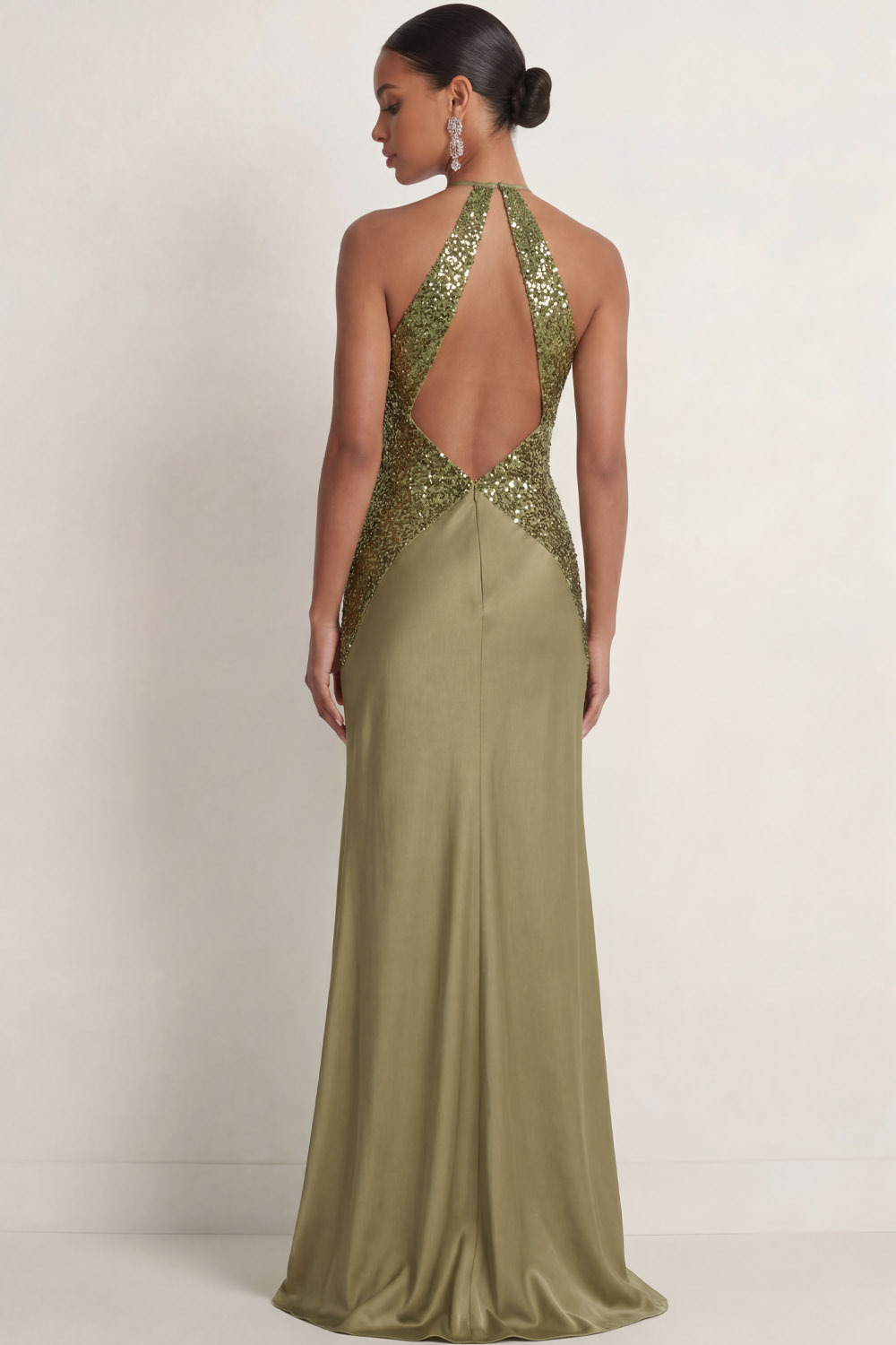 Olive Formal Evening Dress Halter Satin Slit Maxi Dress with Sequin