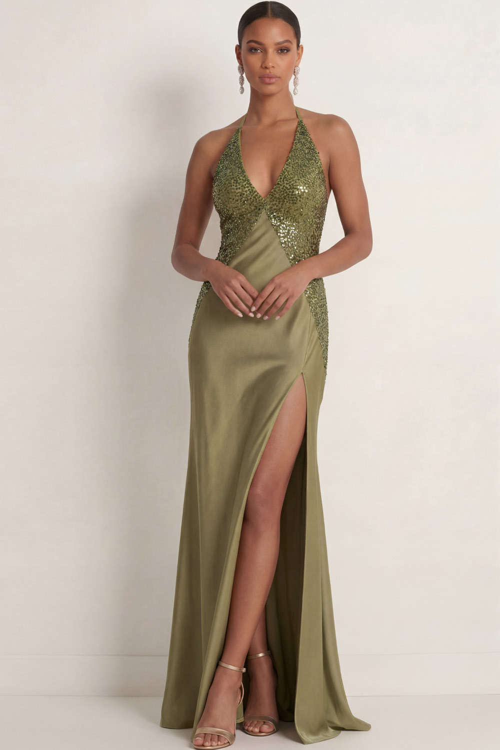 Olive Formal Evening Dress Halter Satin Slit Maxi Dress with Sequin