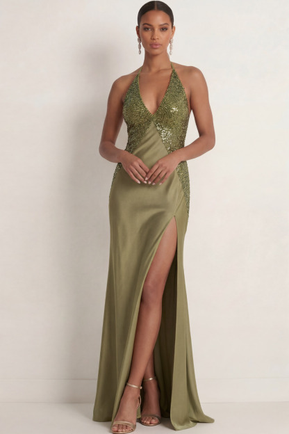 Olive Formal Evening Dress Halter Satin Slit Maxi Dress with Sequin