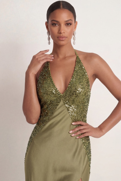 Olive Formal Evening Dress Halter Satin Slit Maxi Dress with Sequin