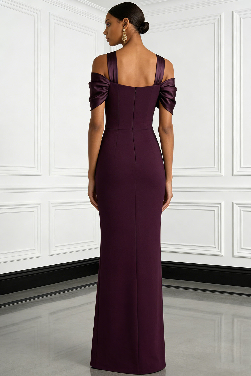 Dark Purple Formal Evening Dress Sheath Cold Shoulder Maxi Dress 