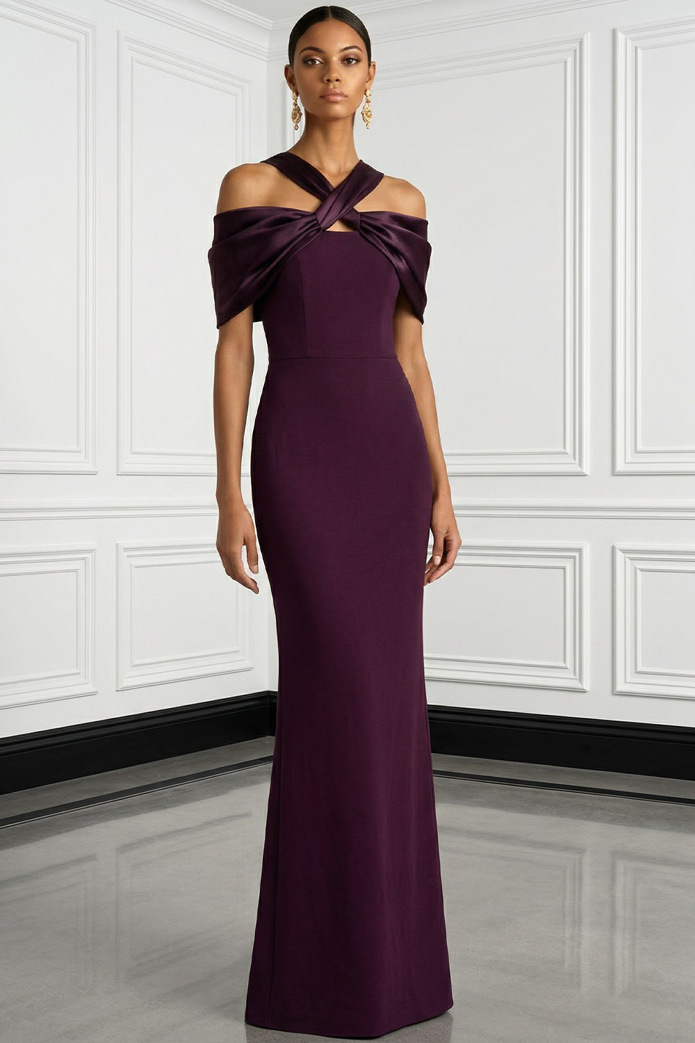 Dark Purple Formal Evening Dress Sheath Cold Shoulder Maxi Dress 