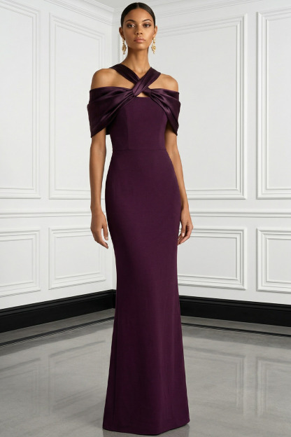 Dark Purple Formal Evening Dress Sheath Cold Shoulder Maxi Dress 