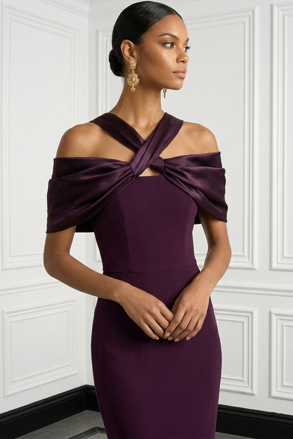 Dark Purple Formal Evening Dress Sheath Cold Shoulder Maxi Dress 
