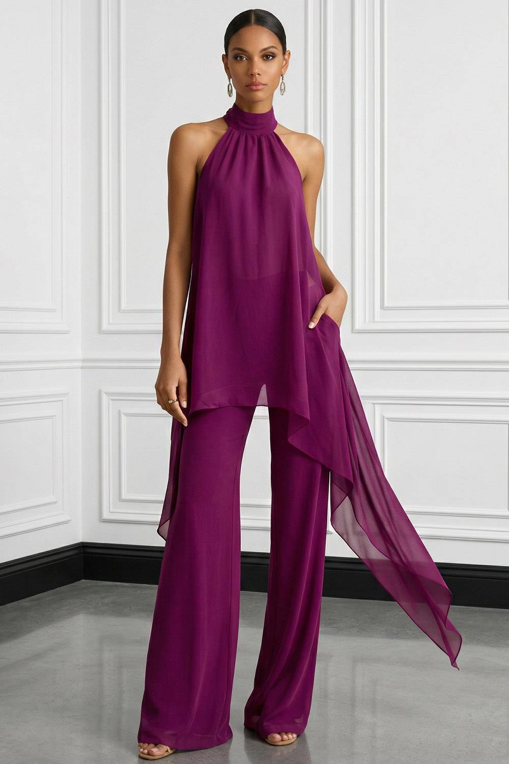 Purplish Red Casual Blouse Set High Neck Two-Piece Pants Set