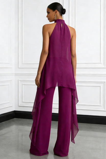 Purplish Red Casual Blouse Set High Neck Two-Piece Pants Set