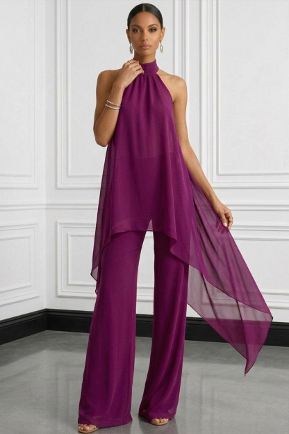Purplish Red Casual Blouse Set High Neck Two-Piece Pants Set