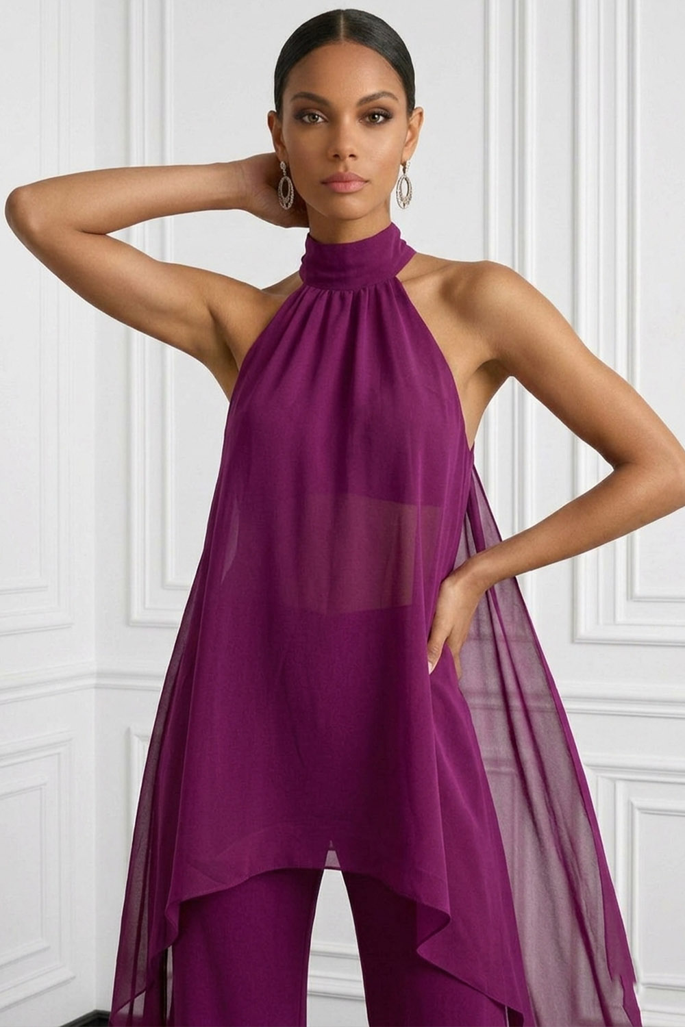 Purplish Red Casual Blouse Set High Neck Two-Piece Pants Set