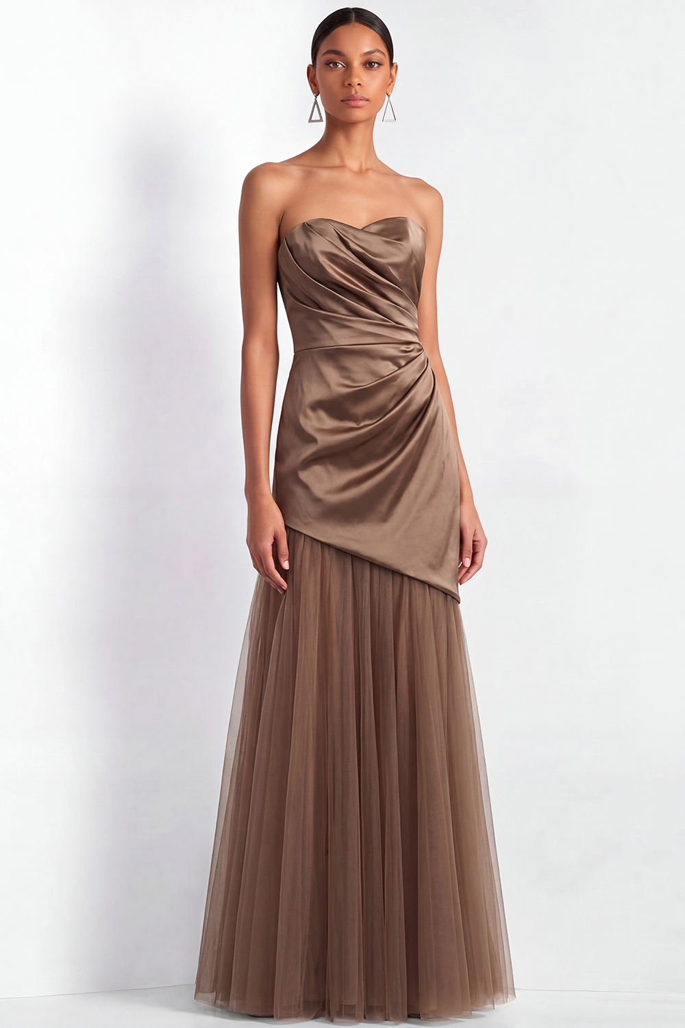 Coffee Formal Evening Dress Strapless Ruched Satin Maxi Dress 