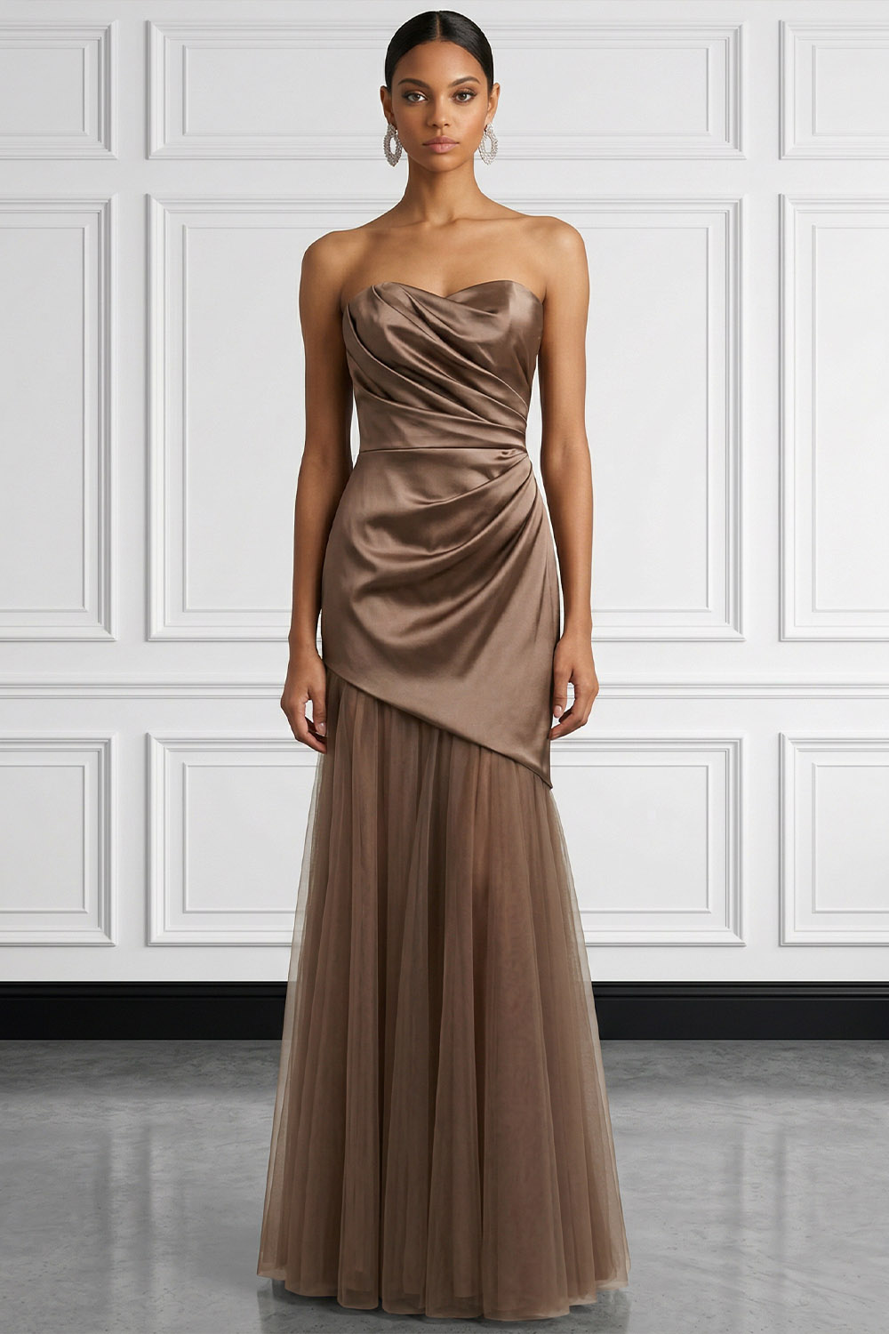 Coffee Formal Evening Dress Strapless Ruched Satin Maxi Dress 