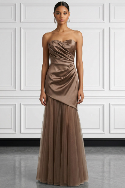 Coffee Formal Evening Dress Strapless Ruched Satin Maxi Dress 