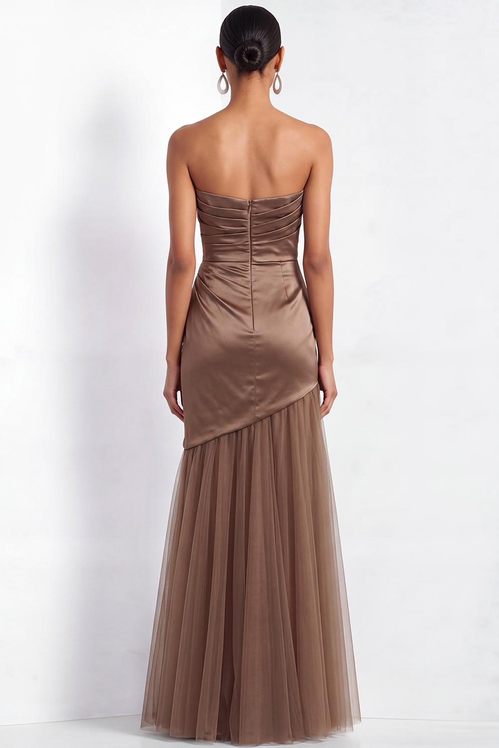 Coffee Formal Evening Dress Strapless Ruched Satin Maxi Dress 