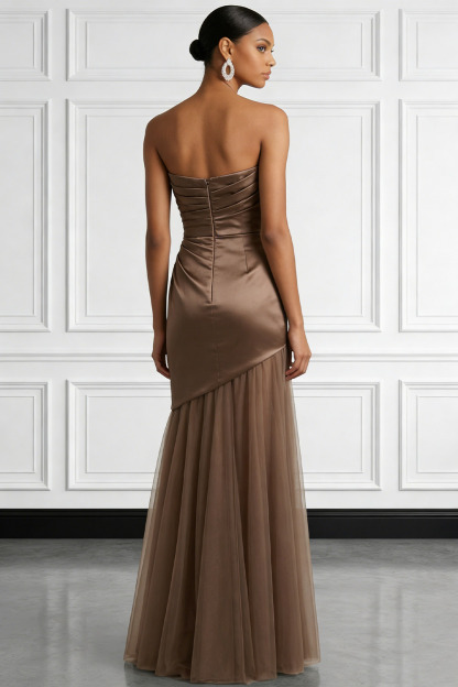 Coffee Formal Evening Dress Strapless Ruched Satin Maxi Dress 