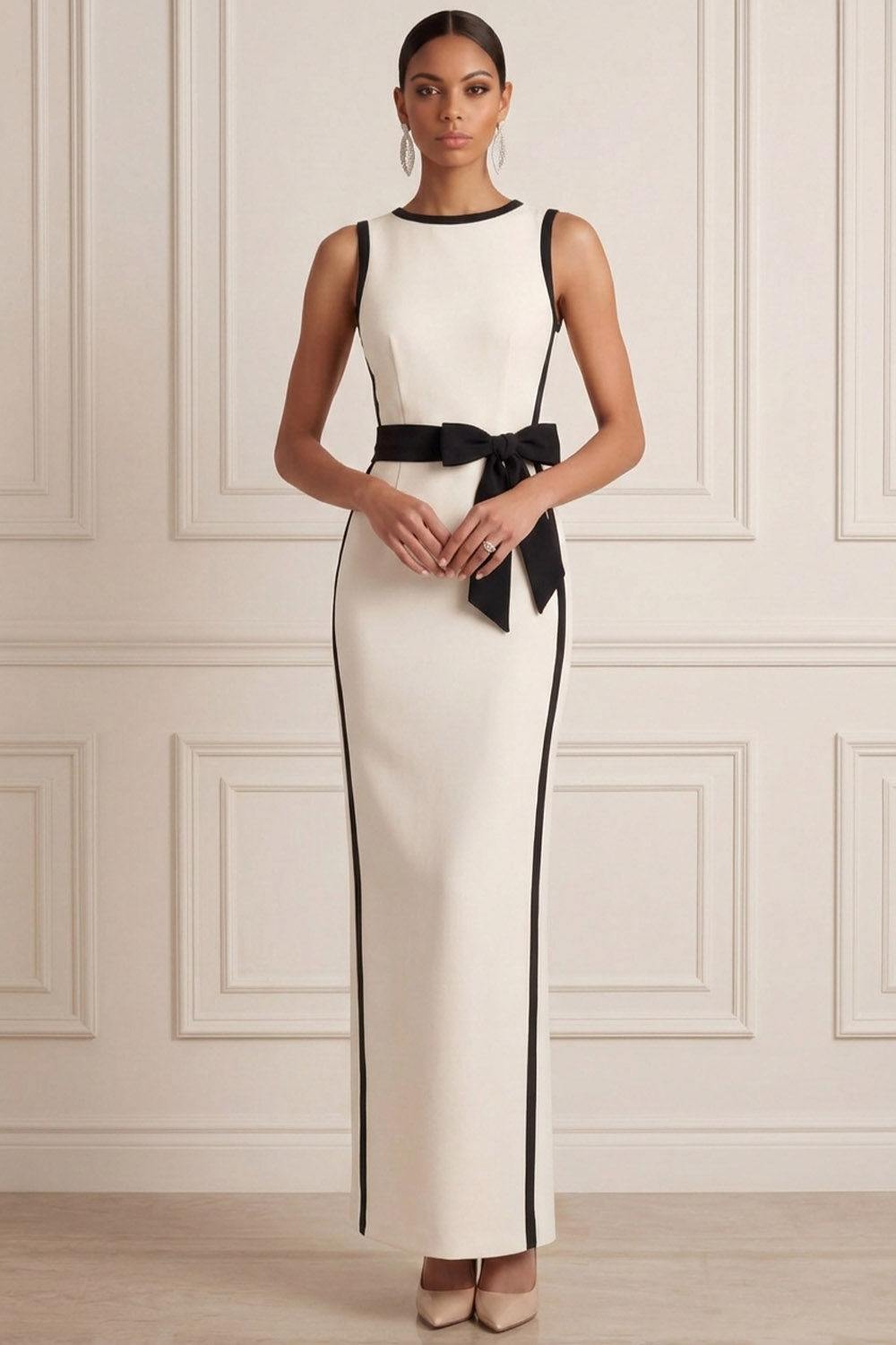 White Formal Evening Dress Sheath Crew Neck Maxi Dress with Bow