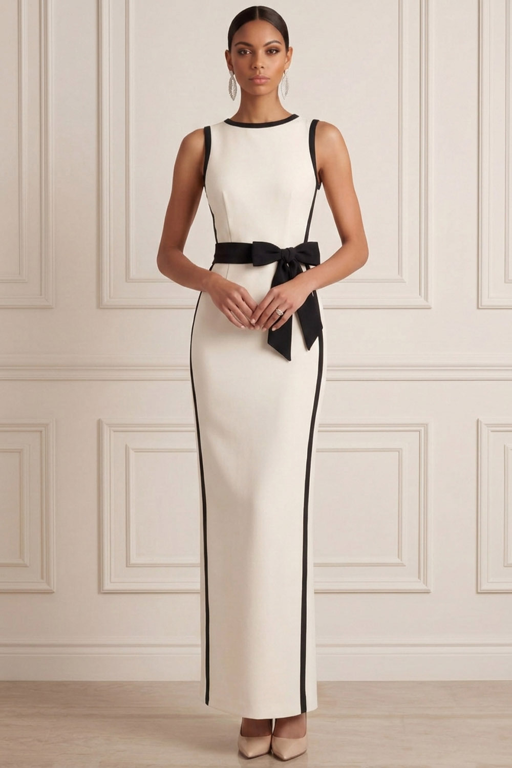 White Formal Evening Dress Sheath Crew Neck Maxi Dress with Bow