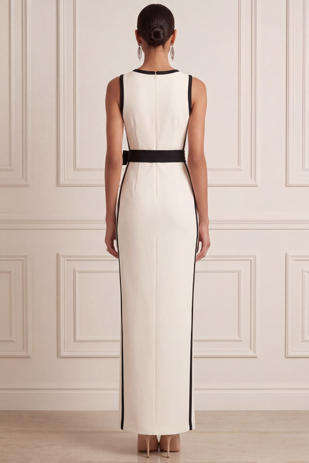 White Formal Evening Dress Sheath Crew Neck Maxi Dress with Bow