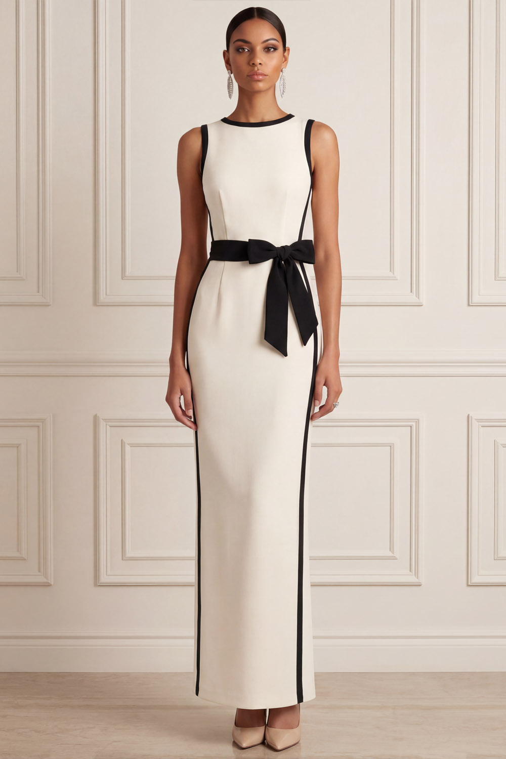 White Formal Evening Dress Sheath Crew Neck Maxi Dress with Bow