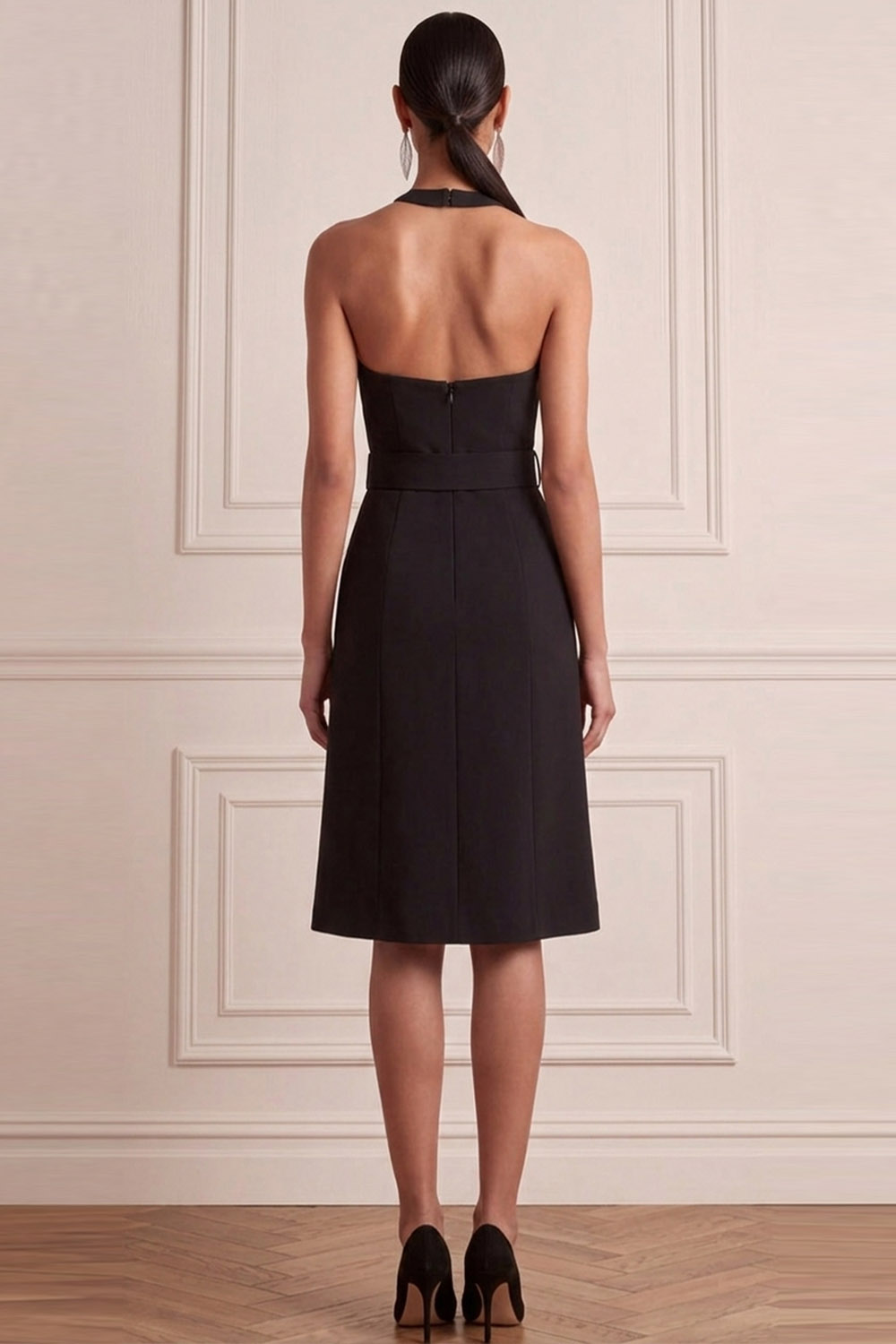 Black Formal Evening Dress A-Line Halter Belted Mini Dress 