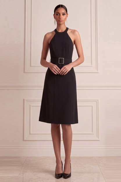 Black Formal Evening Dress A-Line Halter Belted Mini Dress 