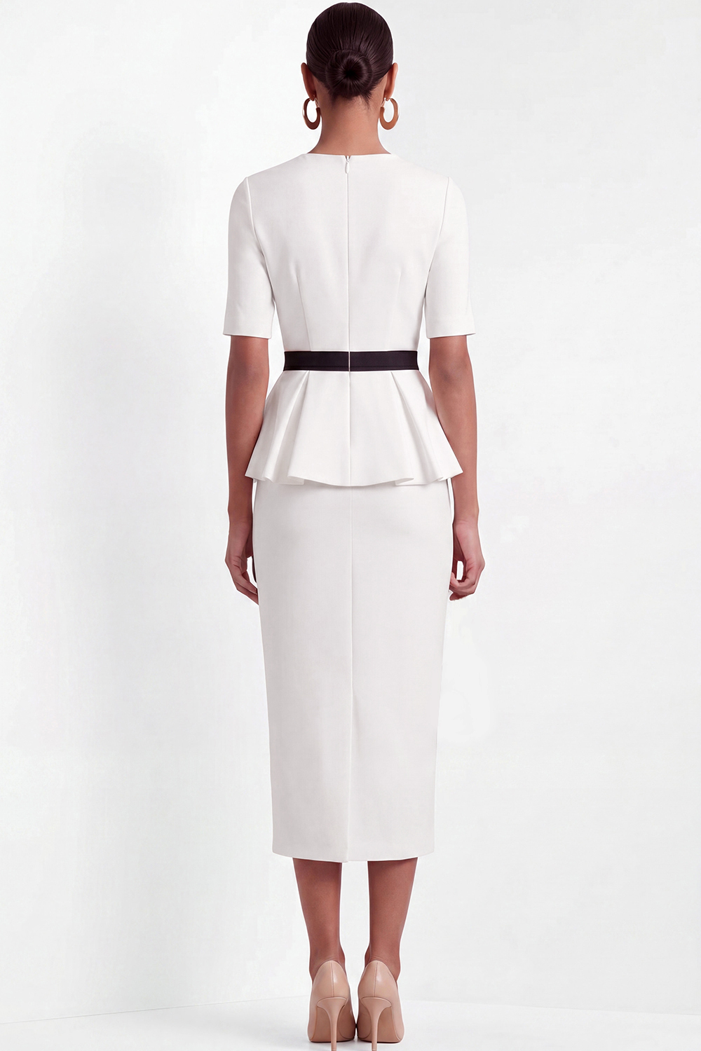 White Suit Sets Round Neck Short Sleeve Midi Skirts Set