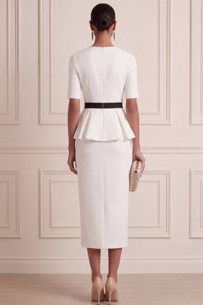 White Suit Sets Round Neck Short Sleeve Midi Skirts Set