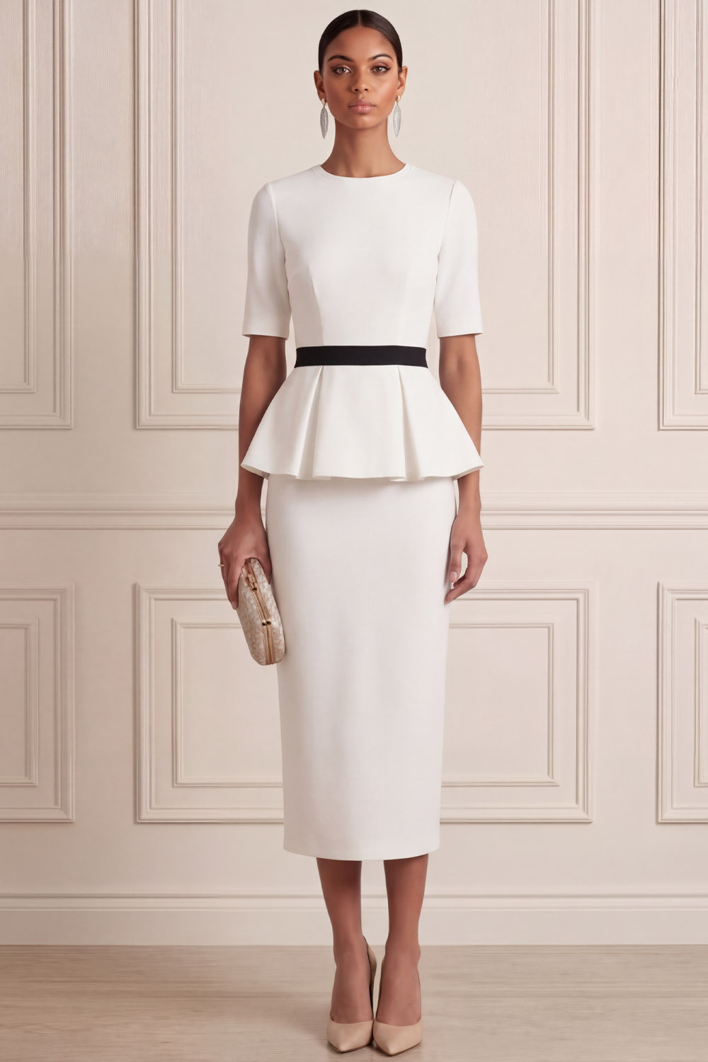 White Suit Sets Round Neck Short Sleeve Midi Skirts Set