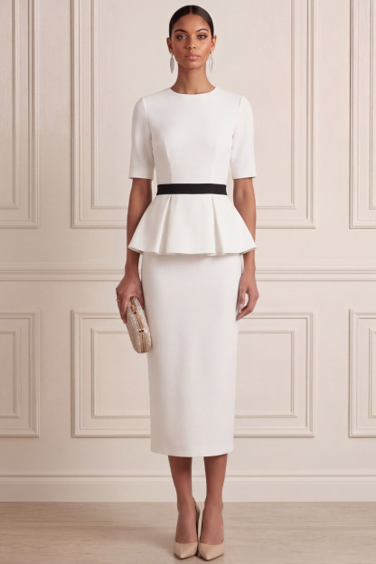 White Suit Sets Round Neck Short Sleeve Midi Skirts Set