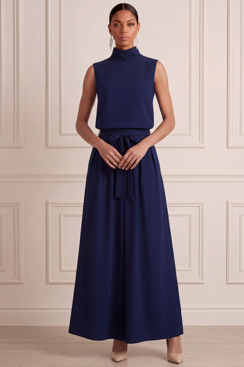 Navy Formal Evening Dress A-Line High Neck Maxi Dress