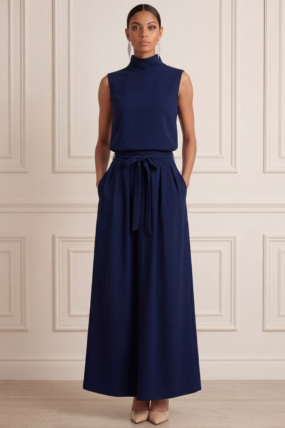 Navy Formal Evening Dress A-Line High Neck Maxi Dress 