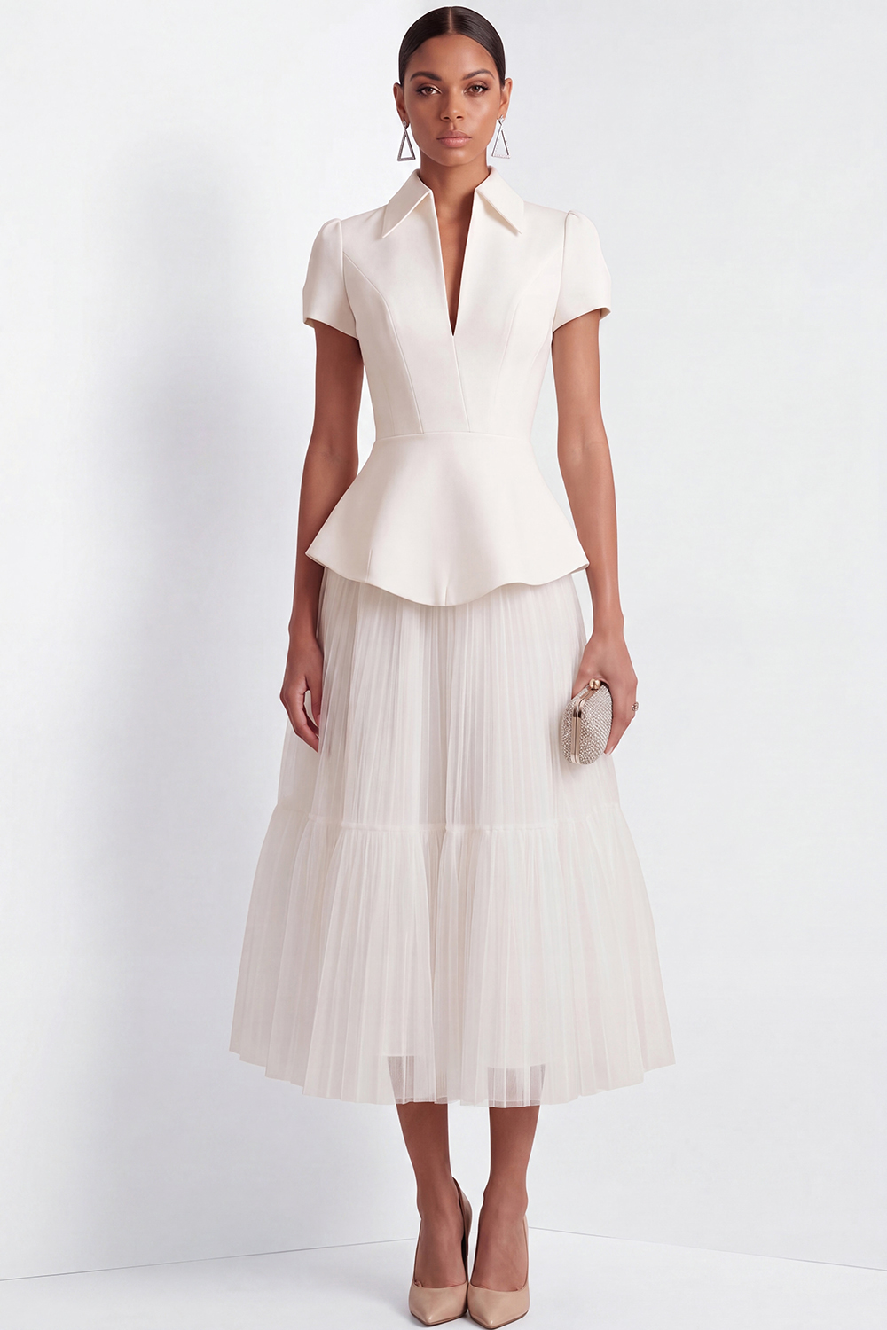 White Suit Sets V-Neck Short Sleeve A-Line Midi Skirts Set