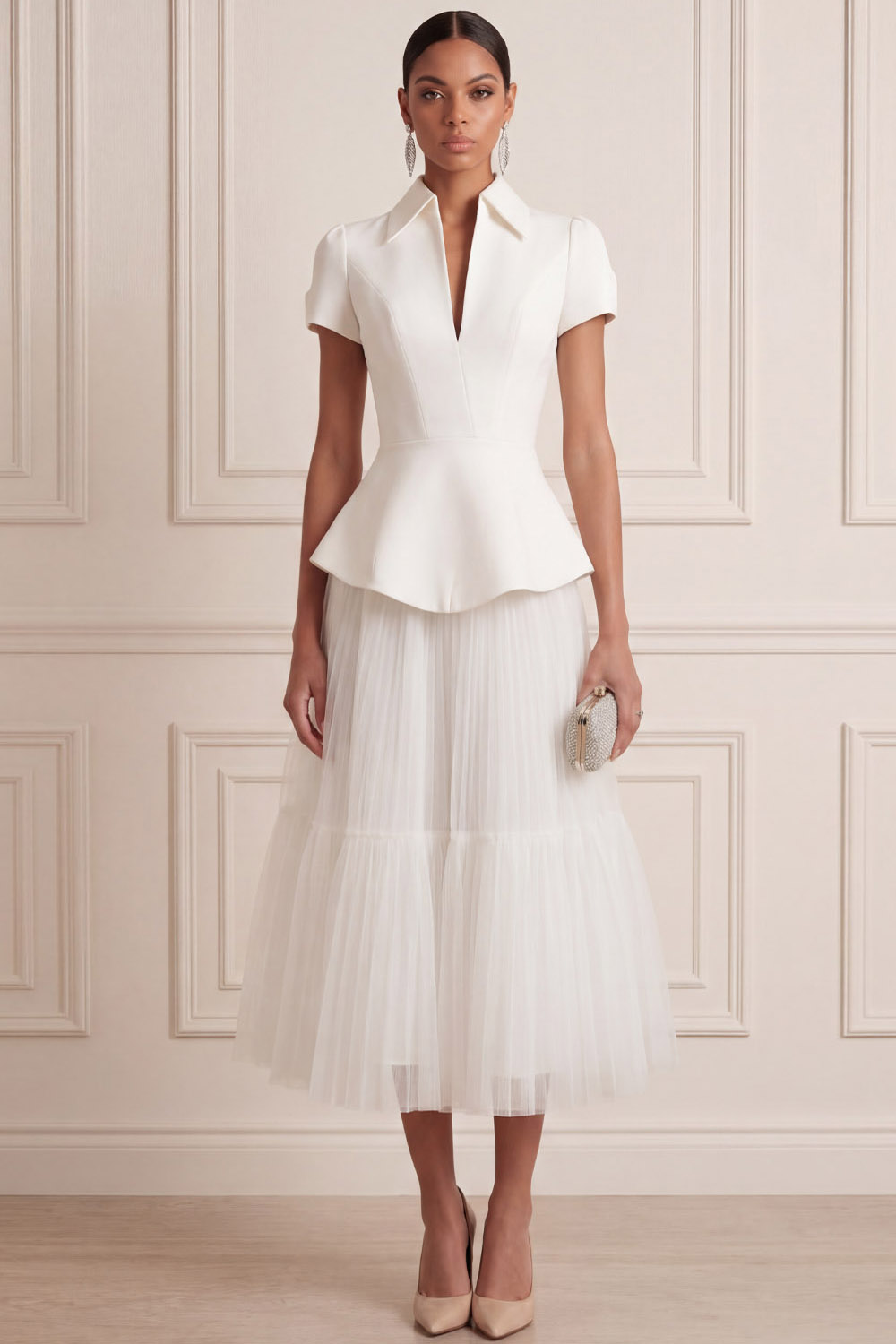 White Suit Sets V-Neck Short Sleeve A-Line Midi Skirts Set