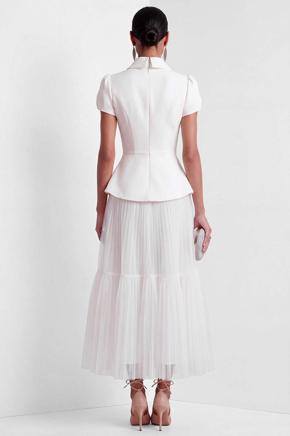 White Suit Sets V-Neck Short Sleeve A-Line Midi Skirts Set
