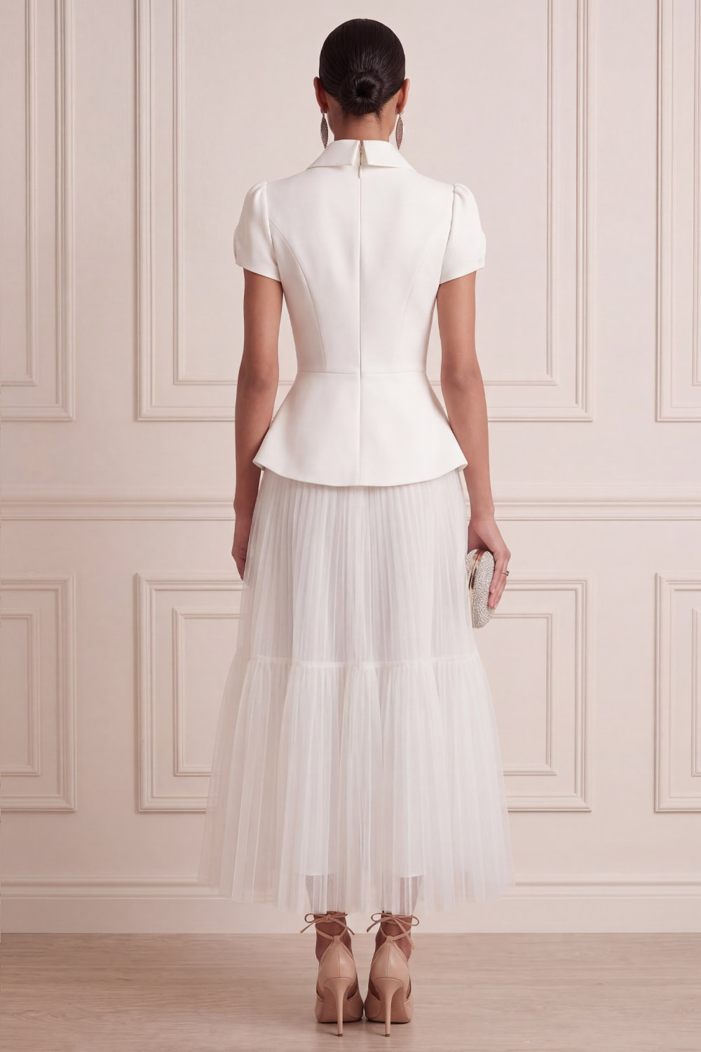 White Suit Sets V-Neck Short Sleeve A-Line Midi Skirts Set