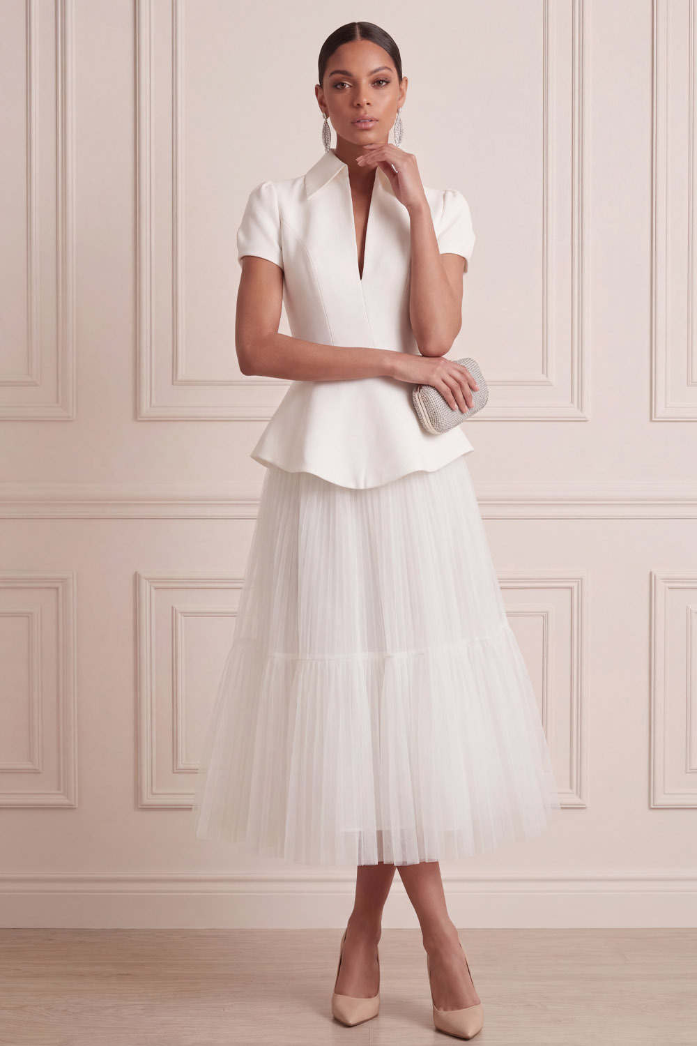 White Suit Sets V-Neck Short Sleeve A-Line Midi Skirts Set