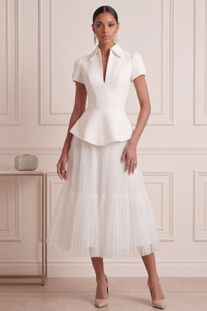 White Suit Sets V-Neck Short Sleeve A-Line Midi Skirts Set