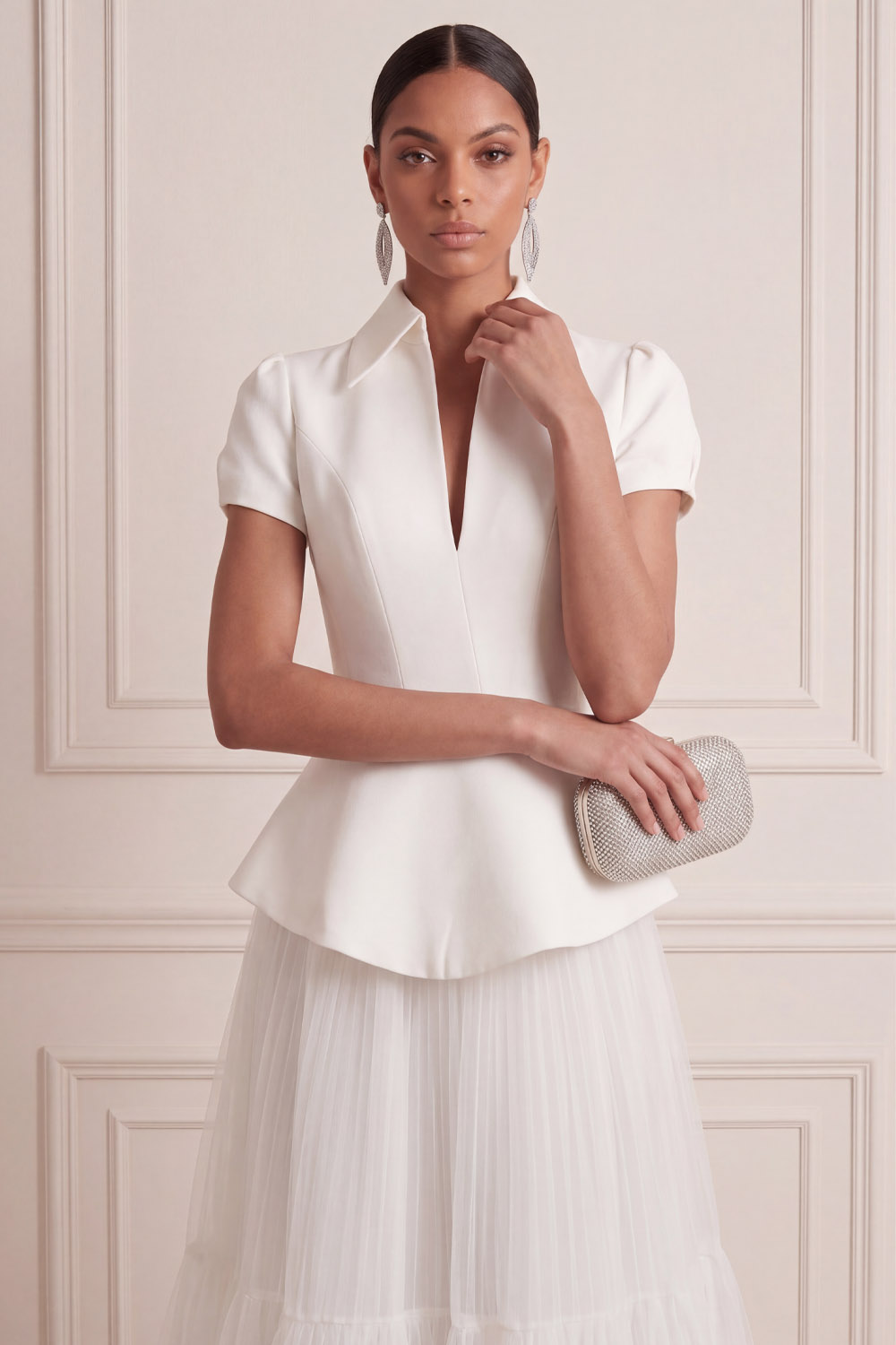 White Suit Sets V-Neck Short Sleeve A-Line Midi Skirts Set